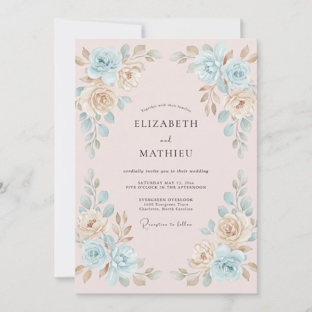 Convites Casamento de Peônia Dourada Cerúlea (Frente)