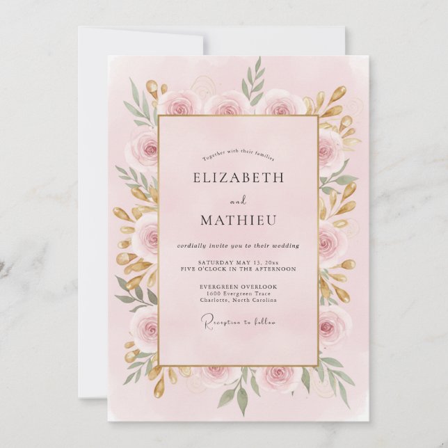 Convites Casamento de Peônia Dourada com Rosa Suave (Frente)