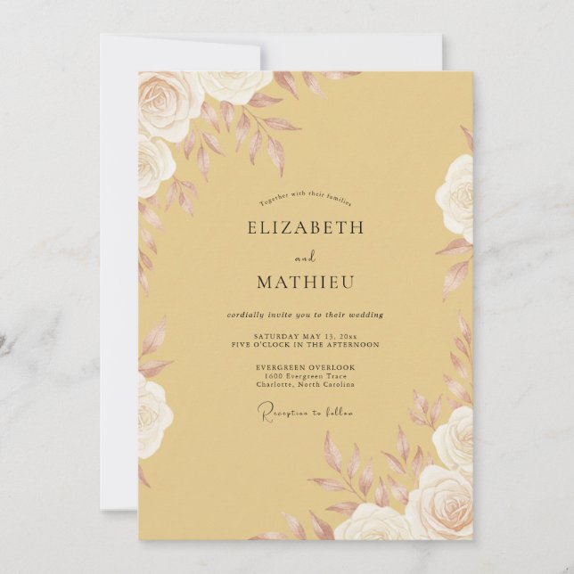 Convites Casamento de Peônia Dourada Mel (Frente)