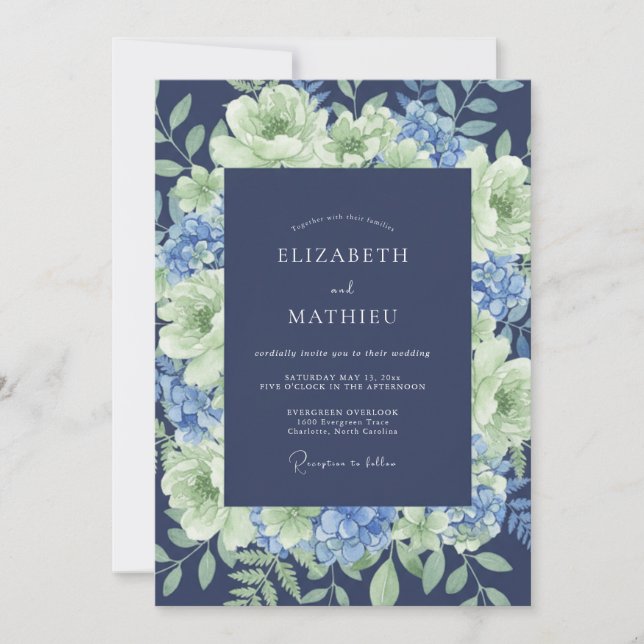 Convites Casamento de Peônia Hydrangea Índigo (Frente)