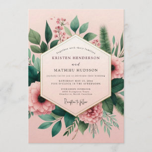 Convites Casamento de Peônia Ilustrativa Rosa