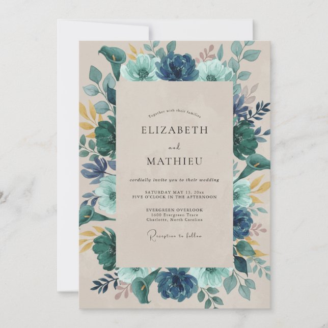 Convites Casamento de Peônia Indigo Slate (Frente)