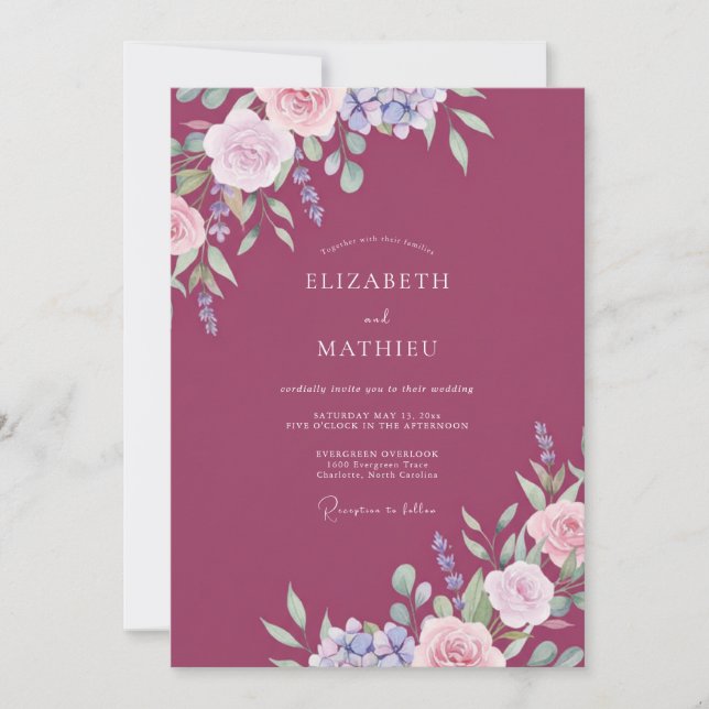 Convites Casamento de Peônia Lavanda Clara Ameixa (Frente)