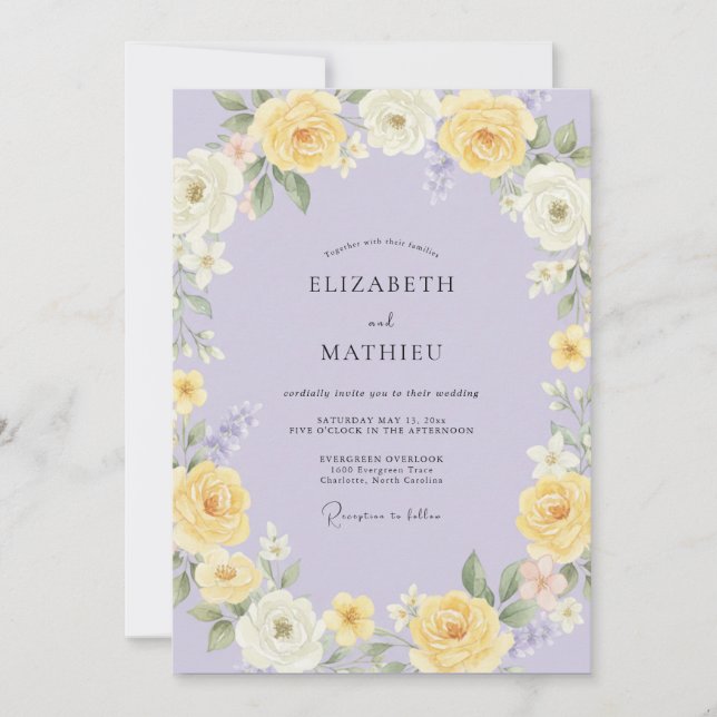 Convites Casamento de Peônia Lavanda Manteiga (Frente)