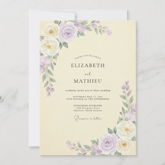 Convites Casamento de Peônia Lilás Amarelo Pálido (Frente)