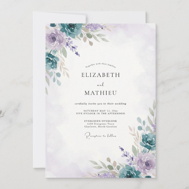 Convites Casamento de Peônia Lilás Desbotado Periwinkle (Frente)