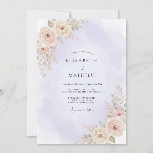Convites Casamento de Peônia Lilás Dourada (Frente)
