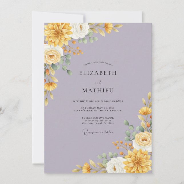 Convites Casamento de Peônia Lilás Dourada (Frente)