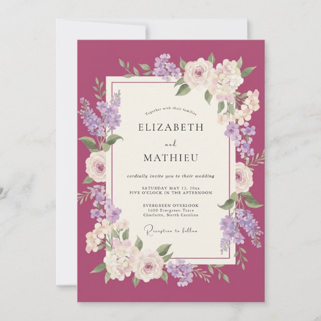 Convites Casamento de Peônia Lilás Magenta (Frente)