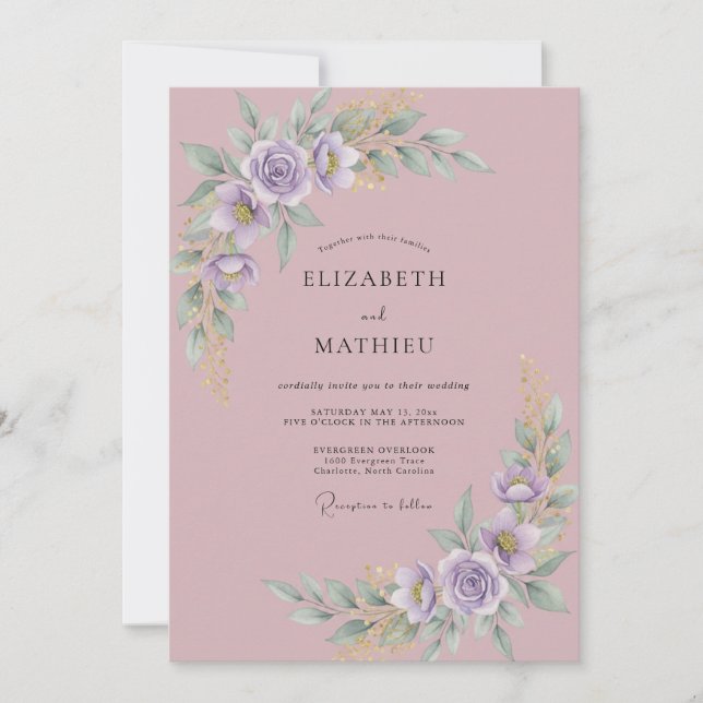 Convites Casamento de Peônia Lilás Malva (Frente)