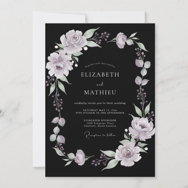 Convites Casamento de Peônia Lilás Preta (Frente)
