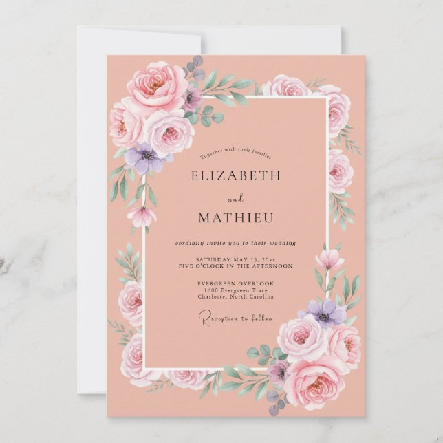 Convites Casamento de Peônia Lilás Ranunculus Eucalipto (Frente)
