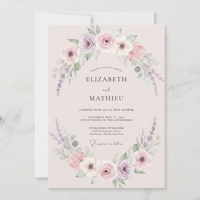 Convites Casamento de Peônia Lilás Rosa Antigo (Frente)
