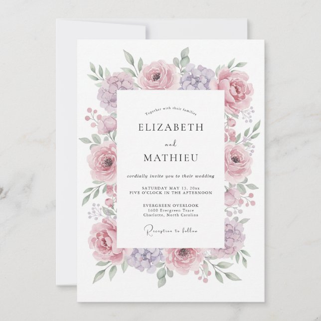 Convites Casamento de Peônia Lilás Rosado (Frente)