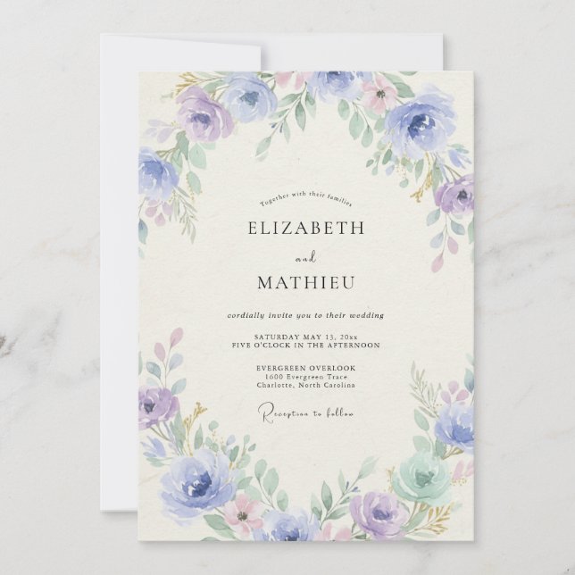 Convites Casamento de Peônia Lilás Vinca (Frente)