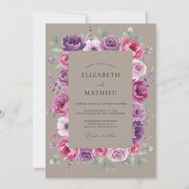 Convites Casamento de Peônia Magenta Âmbar (Frente)