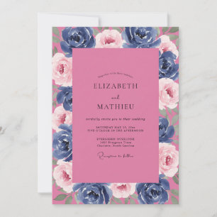 Convites Casamento de Peônia Magenta Celestial Meia-Noite