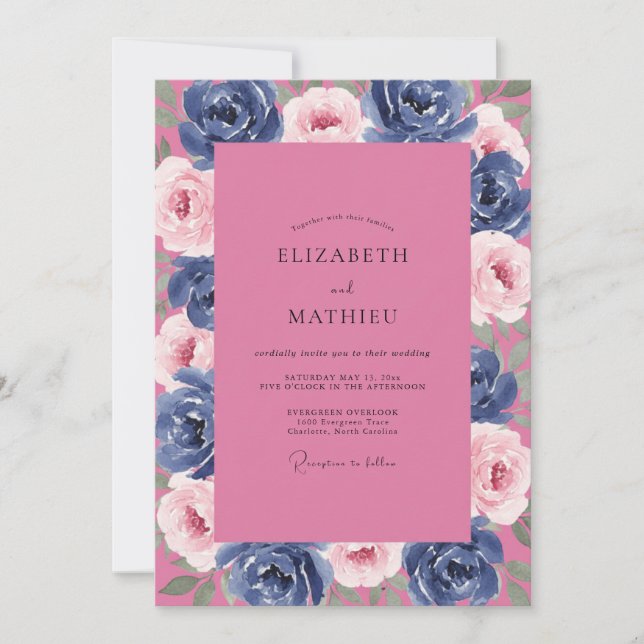 Convites Casamento de Peônia Magenta Celestial Meia-Noite (Frente)