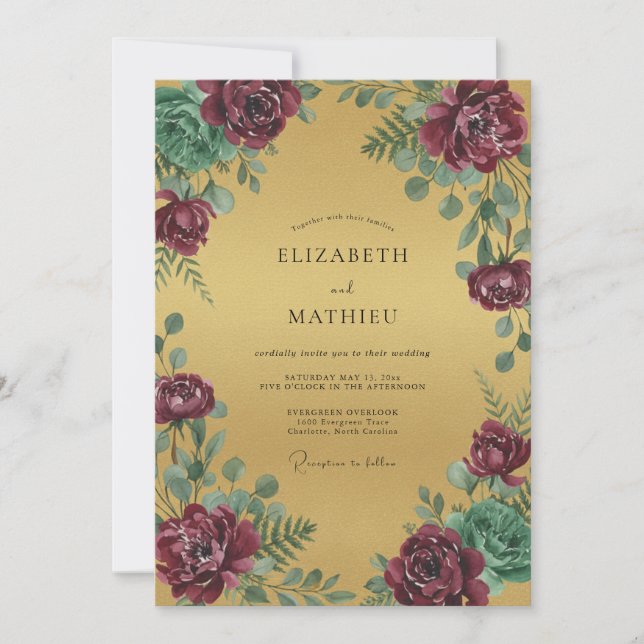 Convites Casamento de Peônia Magenta Dourada (Frente)