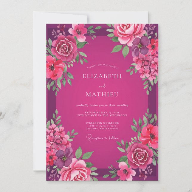 Convites Casamento de Peônia Magenta Fuchsia (Frente)