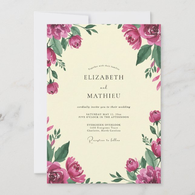 Convites Casamento de Peônia Magenta Marfim (Frente)