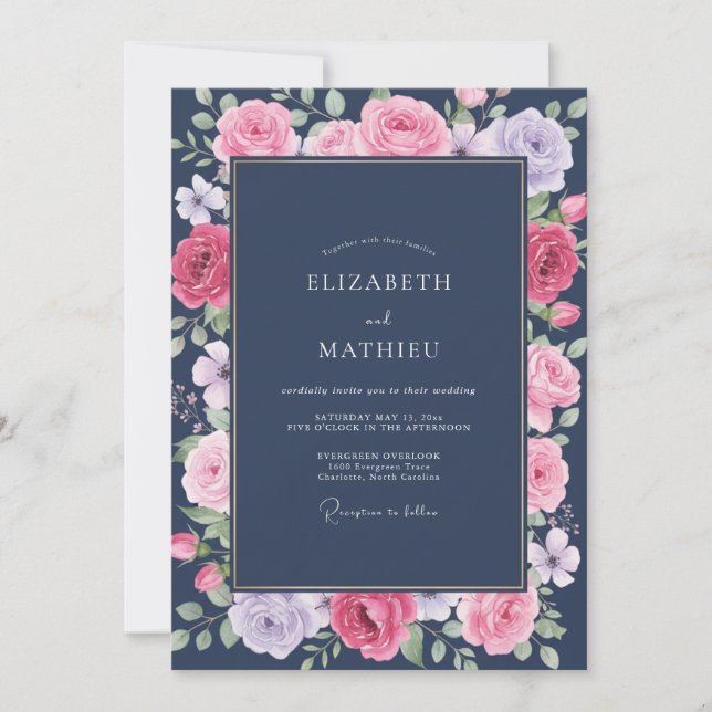 Convites Casamento de Peônia Magenta Meia-Noite (Frente)