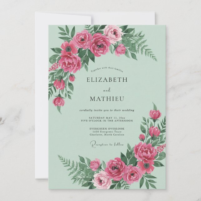 Convites Casamento de Peônia Magenta Mint (Frente)