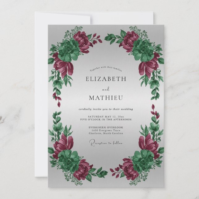 Convites Casamento de Peônia Magenta Prata (Frente)