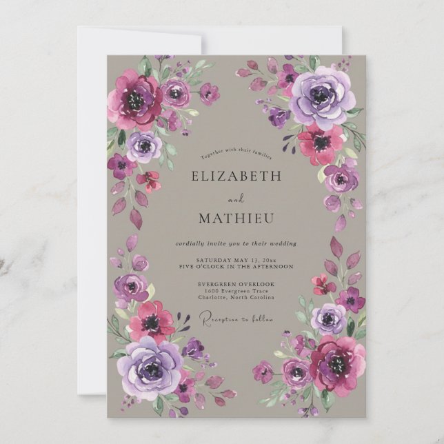 Convites Casamento de Peônia Magenta Taupe (Frente)