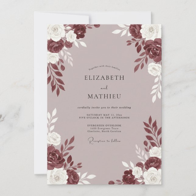 Convites Casamento de Peônia Malva Marrom (Frente)