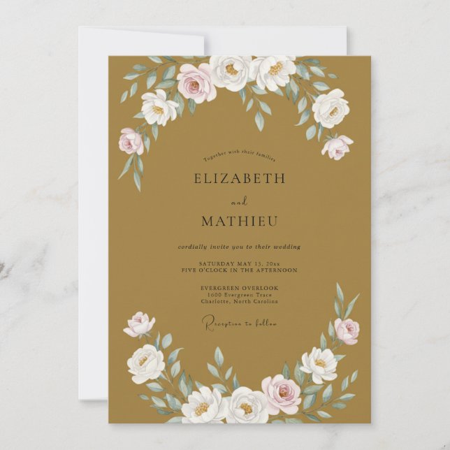 Convites Casamento de Peônia Marfim Dourado (Frente)
