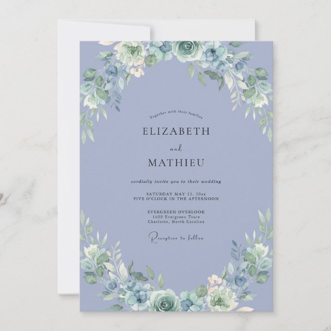 Convites Casamento de Peônia Marfim e Periwinkle (Frente)