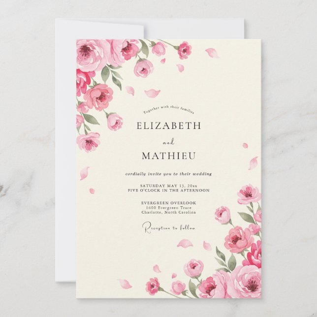 Convites Casamento de Peônia Marfim Rubor (Frente)