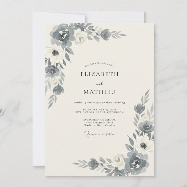 Convites Casamento de Peônia Marfim Slate (Frente)