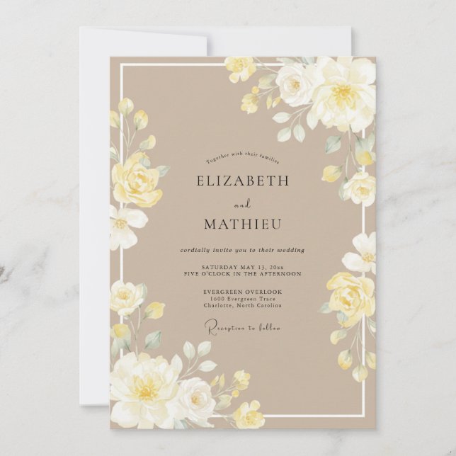Convites Casamento de Peônia Marfim Suave (Frente)