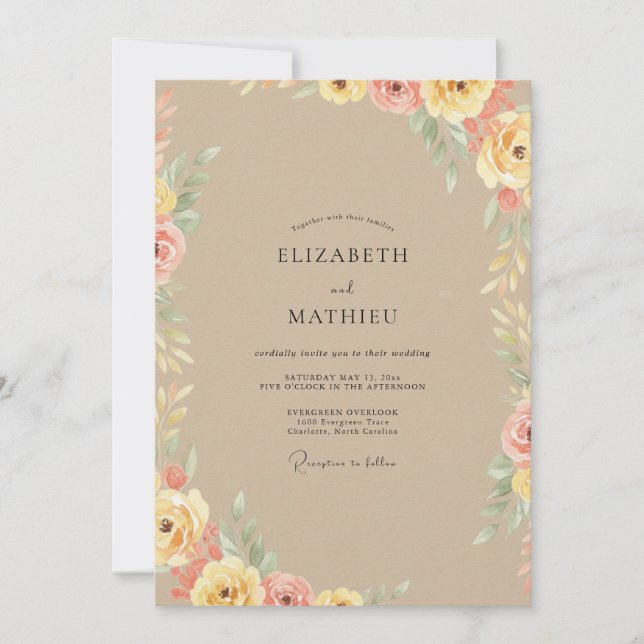 Convites Casamento de Peônia Marrom (Frente)