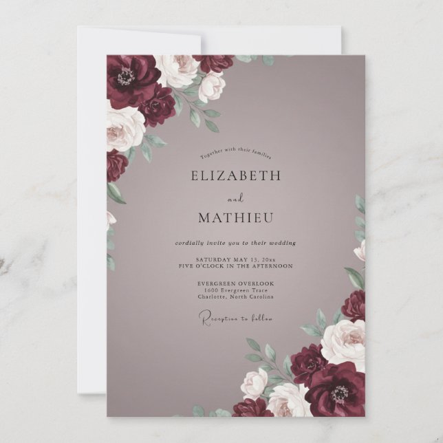 Convites Casamento de Peônia Marrom Macio Rosa (Frente)