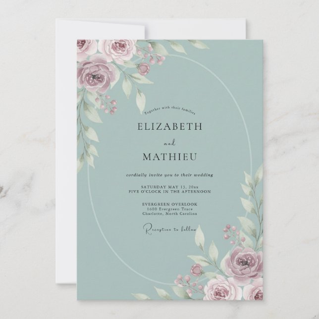 Convites Casamento de Peônia Mauve Celeste (Frente)