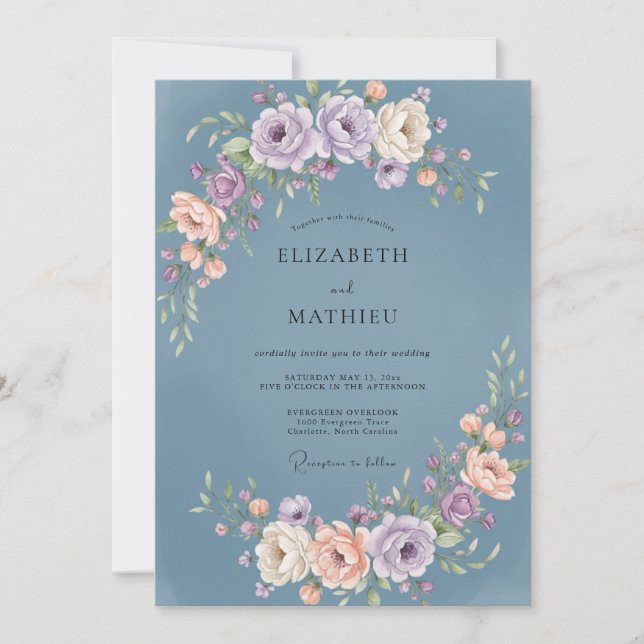 Convites Casamento de Peônia Mauve em Slate Dusty (Frente)