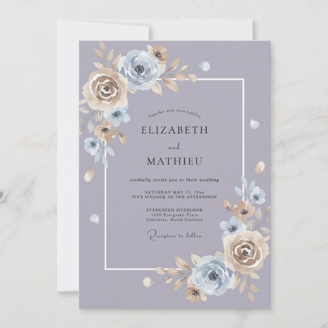 Convites Casamento de Peônia Mauve Poeirento de Aço (Frente)