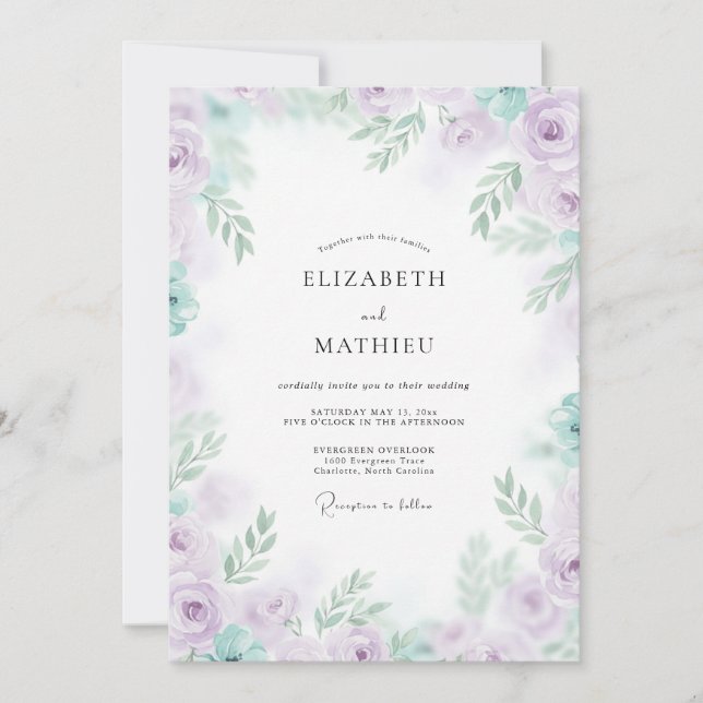 Convites Casamento de Peônia Menta Lilás (Frente)