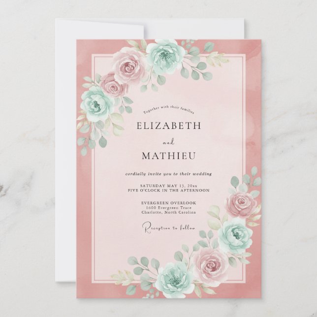Convites Casamento de Peônia Menta Rosa Corado (Frente)