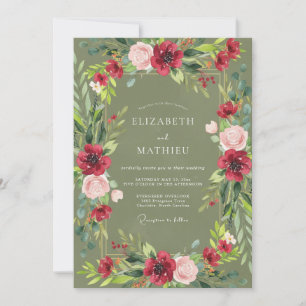 Convites Casamento de Peônia Musgo Carmesim