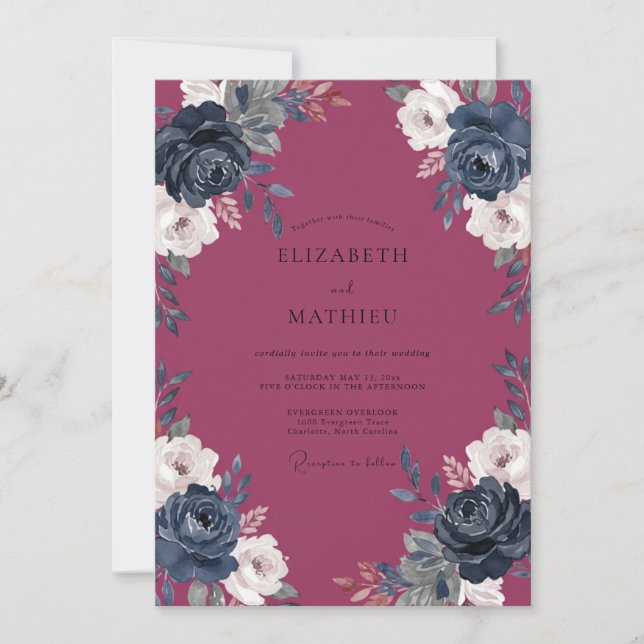 Convites Casamento de Peônia Navy Berry (Frente)