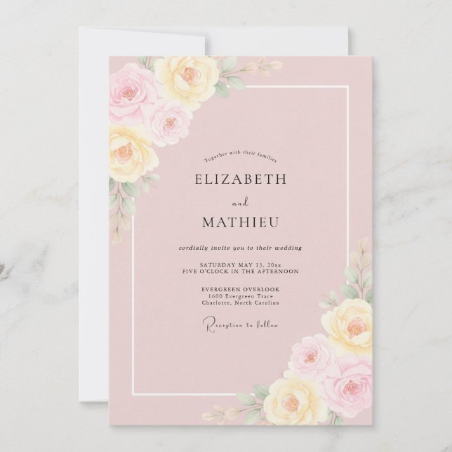 Convites Casamento de Peônia Pastel Rosa (Frente)