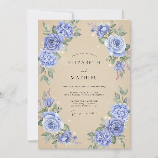 Convites Casamento de Peônia Periwinkle Champanhe Suave (Frente)
