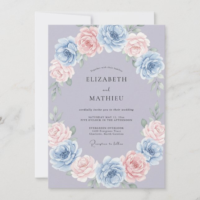Convites Casamento de Peônia Periwinkle Empoeirada (Frente)