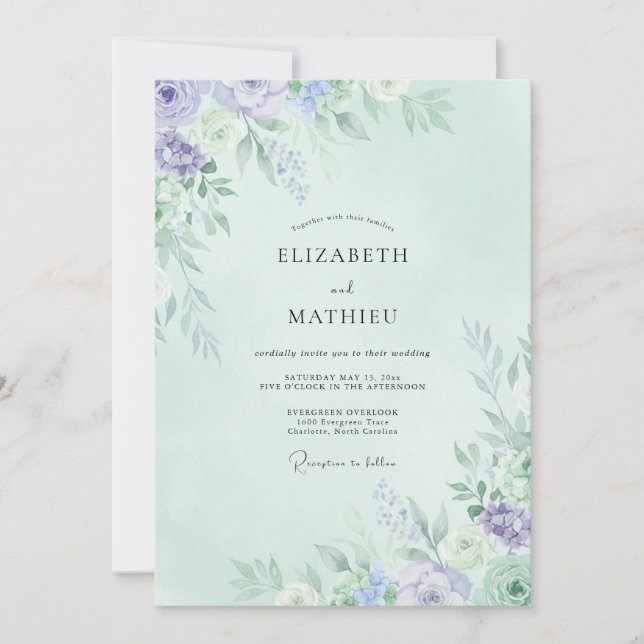 Convites Casamento de Peônia Periwinkle Menta (Frente)