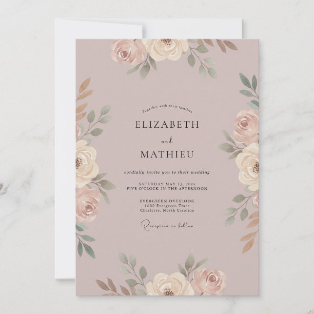Convites Casamento de Peônia Pintada de Malva (Frente)