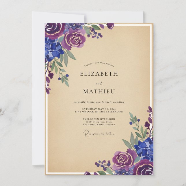 Convites Casamento de Peônia Pintada de Violeta (Frente)